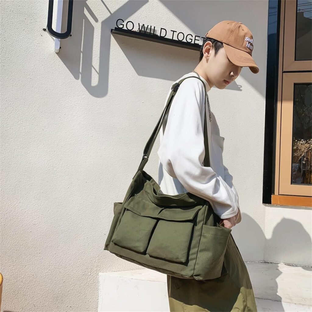 Canvas Messenger Bag Crossbody Shoulder Bag for Men Women Canvas Tote Bag Handbag Hobo Bag with Multiple Pockets