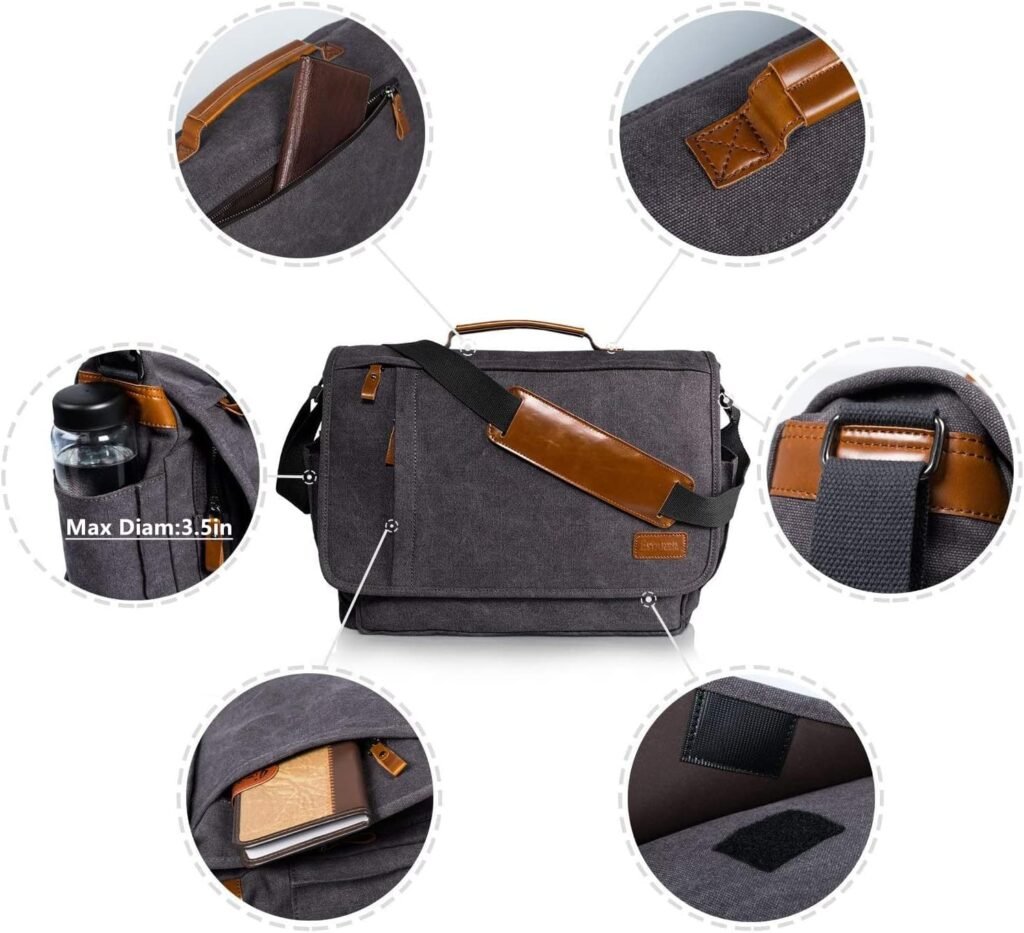 ESTARER Computer Messenger Bag 17-17.3 Inch Water-resistant Canvas Laptop Shoulder Bag for Travel Work College New Version, Grey
