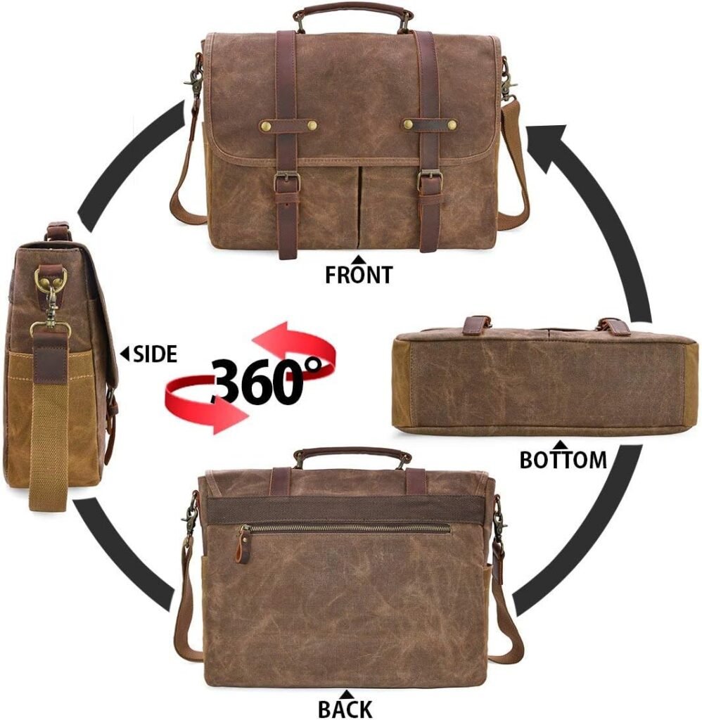 Mens Messenger Bag 15.6 Inch Waterproof Vintage Genuine Leather Waxed Canvas Briefcase Large Leather Computer Laptop Bag Rugged Satchel Shoulder Bag, Brown