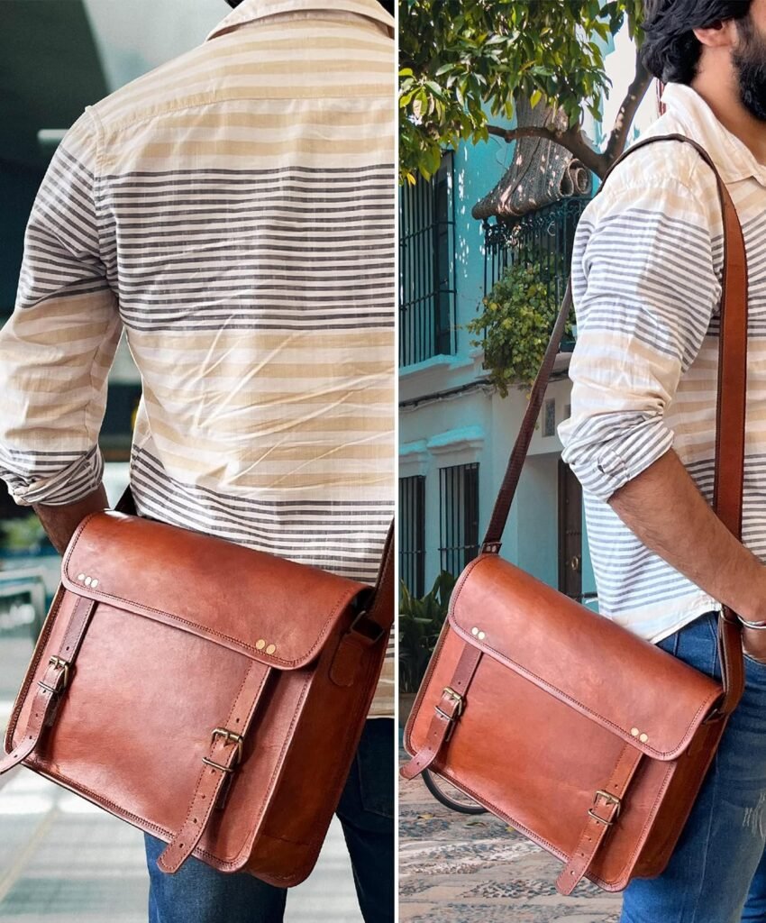 RUSTIC TOWN Leather Messenger Bag for Men Women - Full Grain Leather Laptop Satchel Office Shoulder Bag